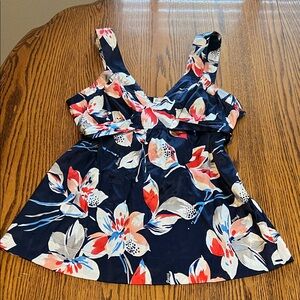 Guess Navy Floral Tank Top with Coral and White Blooms